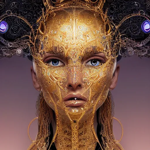 Prompt: very beautiful woman integrating with technology, full face frontal centered, portrait, insipiring, detailed intricate ornate cables connected to head, big open electric eyes, luxurious detailed abundent wiring and implants, gold, golden, renaissance, sci - fi, detailed technology background with cyber flowers and insects, dramatic lighting, photography, highly detailed, artstation, 8 k,