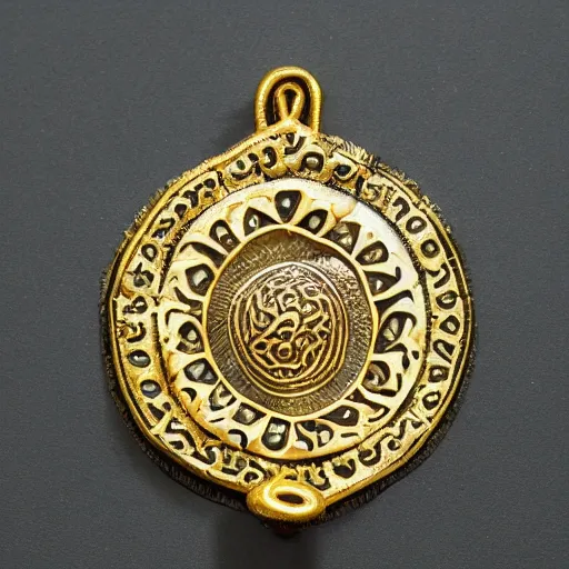 Image similar to african golden amulet, ornate details, damaged, patterns and symbols all around the amulet, clean white background