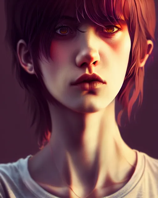 Prompt: full very close up neck shot of a beautiful loner girl, in tshirt and no makeup, demented, irish, by saruei and guweiz and ilya kuvshinov and george miller, digital art, highly detailed, intricate, sharp focus, trending on artstation hq, deviantart, pinterest, unreal engine 5, 4 k uhd image