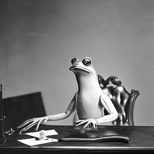 Image similar to 2 0 megapixels, aristocratic, vintage photo of an anthropomorphic perfect frog wearing a perfect suit sitting behind a perfect victorian desk, 1 9 4 0, professional photography, ultra detailed, beautiful, precise, close up