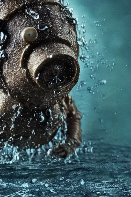 Prompt: a film still a tardigrade, close up face detail, muscular, drenched body, photography, wet dripping hair, emerging from the water