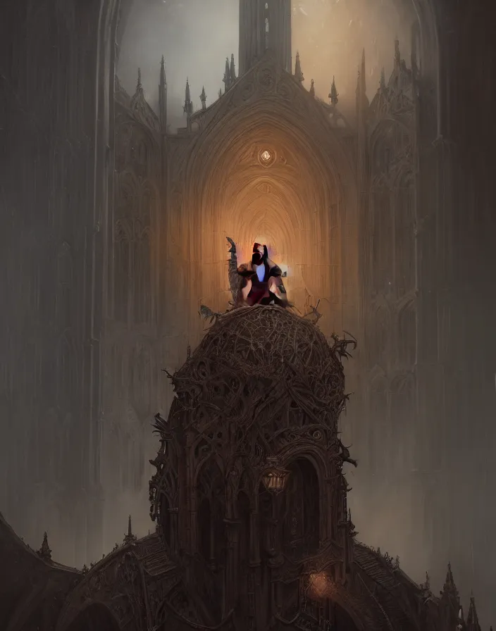 Image similar to A beautiful digital painting of a Grim Reapper, ancient catedral behind her, intricate, cinematic lighting, highly detailed, digital painting, Artstation, concept art, smooth, sharp focus, illustration, art by Tom Bagshaw, Artgerm and Greg Rutkowski