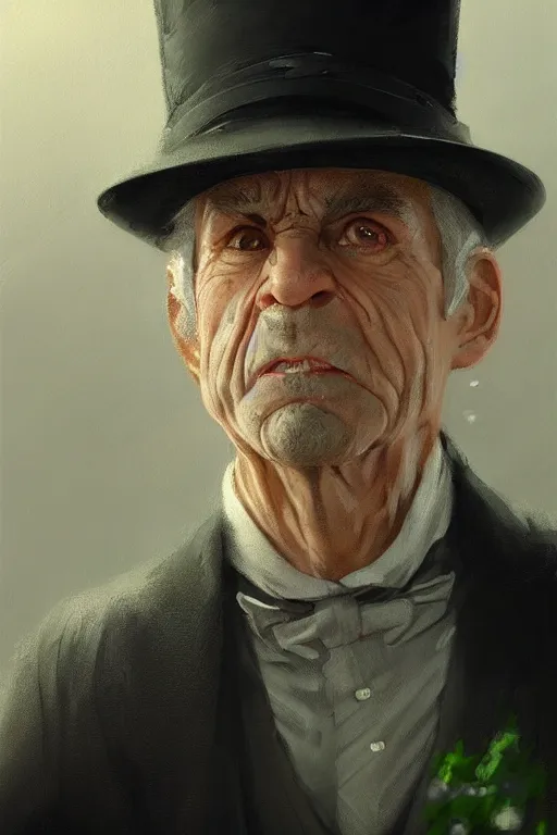 Prompt: a grey hair old halfling with no beard and green eyes wearing a black top hat and suit by Greg Rutkowski, painting, portrait, HD, high details, trending on artstation