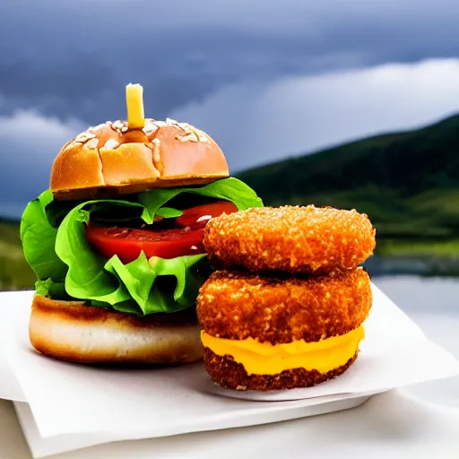 Image similar to one sandwich with fried tofu, one red tomato slice, mayonnaise, one onion ring, avocado, melted cheddar, over a red dish that is on a table, with a sunset and rainbow in the background with saturn and stars in the sky