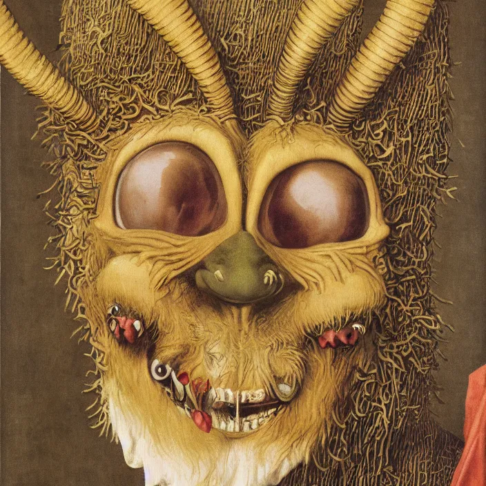 Image similar to close up portrait of an overdressed mutant monster creature with snout, horns, insect wings, unibrow, piercing eyes, toxic smile. jan van eyck, walton ford