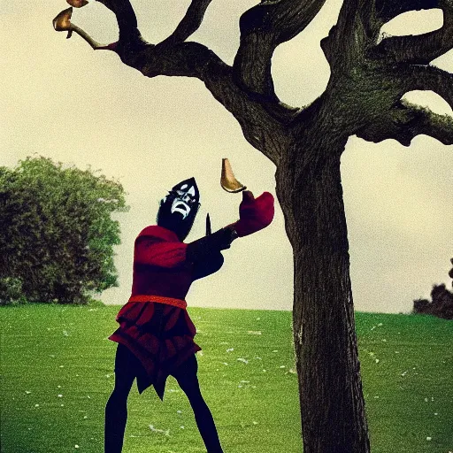 Image similar to fool, jester, tree, film, movie