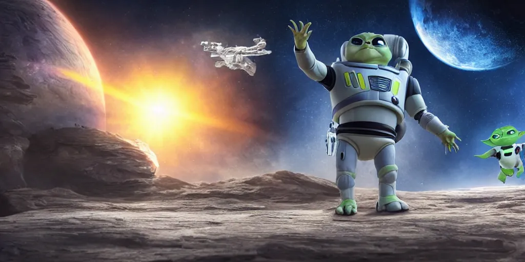 Image similar to a 3 d rendered movie still, wide - angle shot, 1 0 0 meter in the distance, baby yoda wearing a spacesuit, and exploring cosmos in a super awesome space ship. dramatic lighting, imax, 7 0 mm. science fiction blockbuster movie, buzz lightyear.