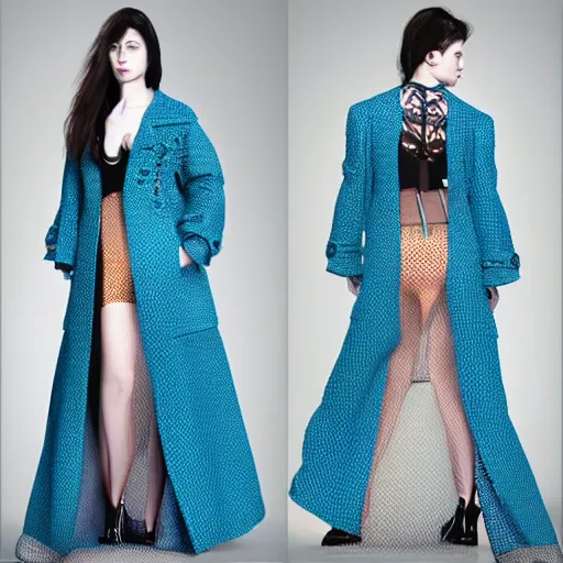 Image similar to fashion 2 0 5 0 fantastic openwork long coat with intricate pattern on a beautiful symmetrical girl with blue hair, hyper realistic photos