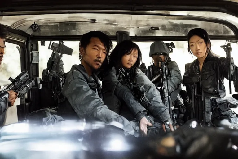 Image similar to movie diverse interracial team of Japanese robbers armed with rifles interior clean futuristic tactical van, beautiful skin, Symmetrical faces. natural lighting by Emmanuel Lubezki