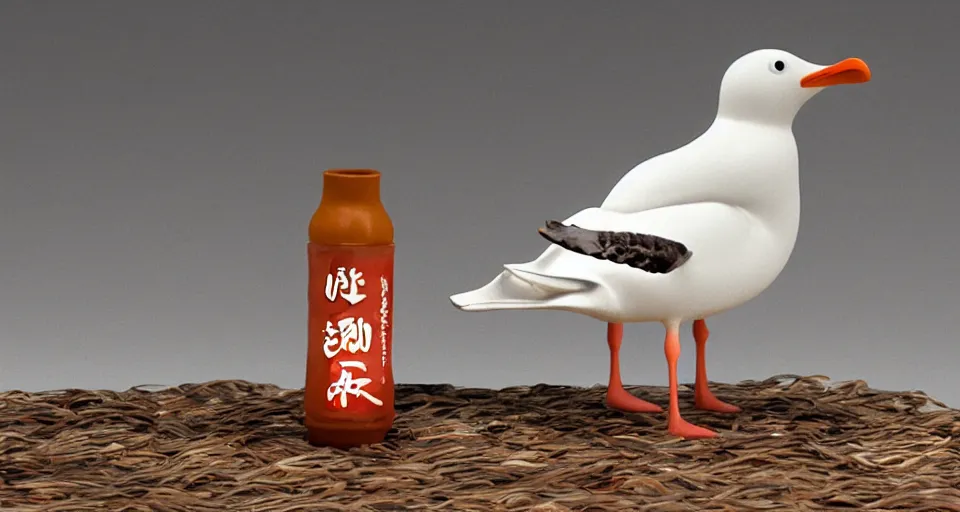 Image similar to seagull drinking a bottle of soy sauce, clay animation, highly detailed