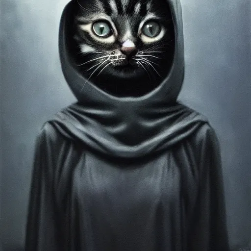 Image similar to a portrait of a kitten wearing a black hood, cloak covering face, anatomically correct, beautiful perfect face, enigmatic, oil painting, matte, black background, Volumetric dynamic lighting, Highly Detailed, Cinematic Lighting, Unreal Engine, 8k, HD, by Beksinski