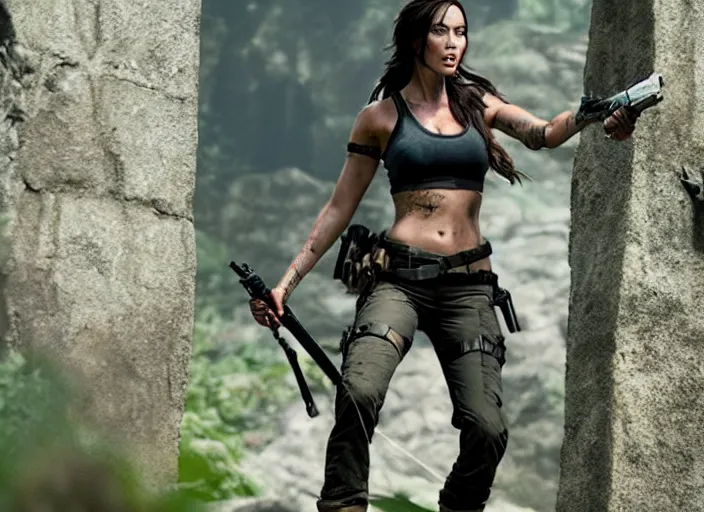 Image similar to film still of!!!! megan fox!!! as lara croft in new tomb raider movie, 8 k