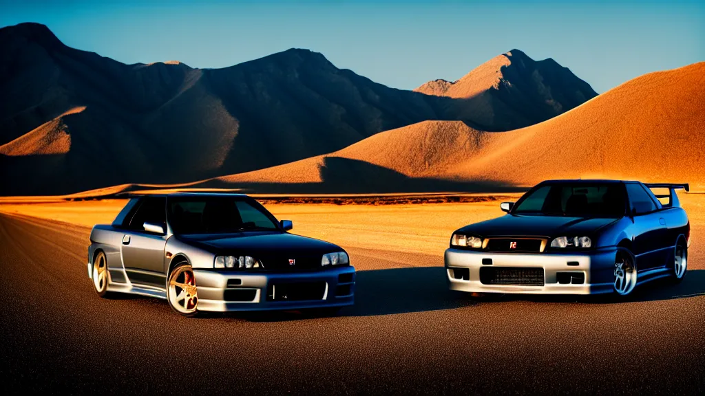 Image similar to three quarter front photo of a stock dark grey nissan r 3 2 skyline gtr on a road in a desert with a mountain in the background in the early morning, car photography, zoom lens, blue hour, photorealistic