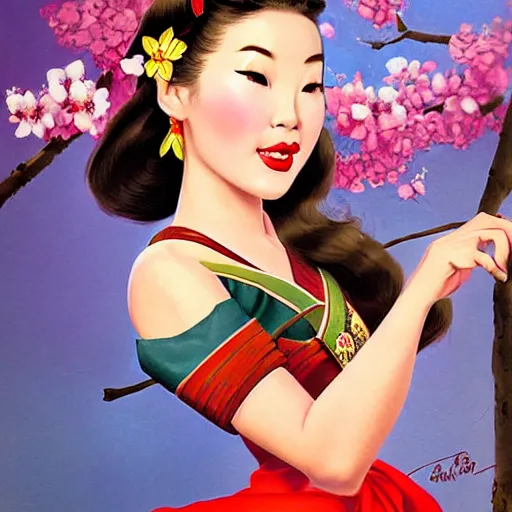 Prompt: pin - up portrait of a beautiful young mulan, pretty long hair, traditional dress, cherry blossoms, intense flirting, showing curves, symmetrical face, digital art, smooth, extremely detailed, model pose, by wu bayard, by gil elvgren, by ralph horsley, by hanks steve