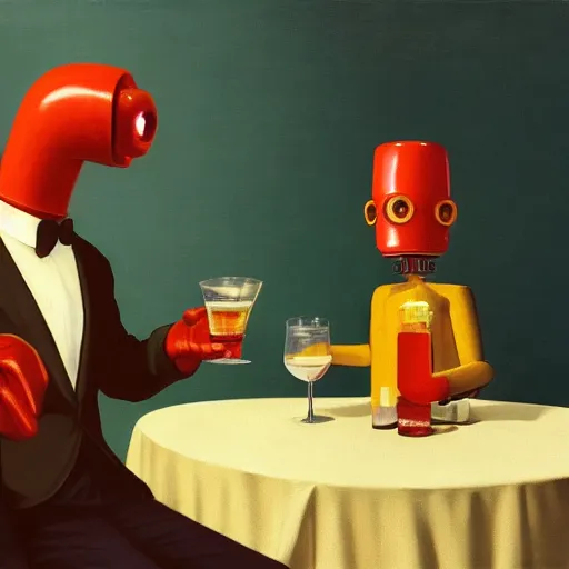 Image similar to a futurama-robot having a drink with his best friend Phillip Fry by Raphael, Hopper, and Rene Magritte. detailed, romantic, enchanting, trending on artstation.