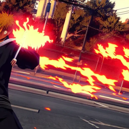 Image similar to Screenshot of Ichigo Kurosaki in the game GTA V, highly detailed