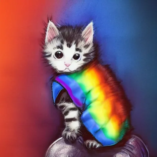 Image similar to wide angle full body, jacket wearing fluffy cute rainbow kitten wearing a black leather motorcycle jacket, riding on a motorcycle, cinematic concept art