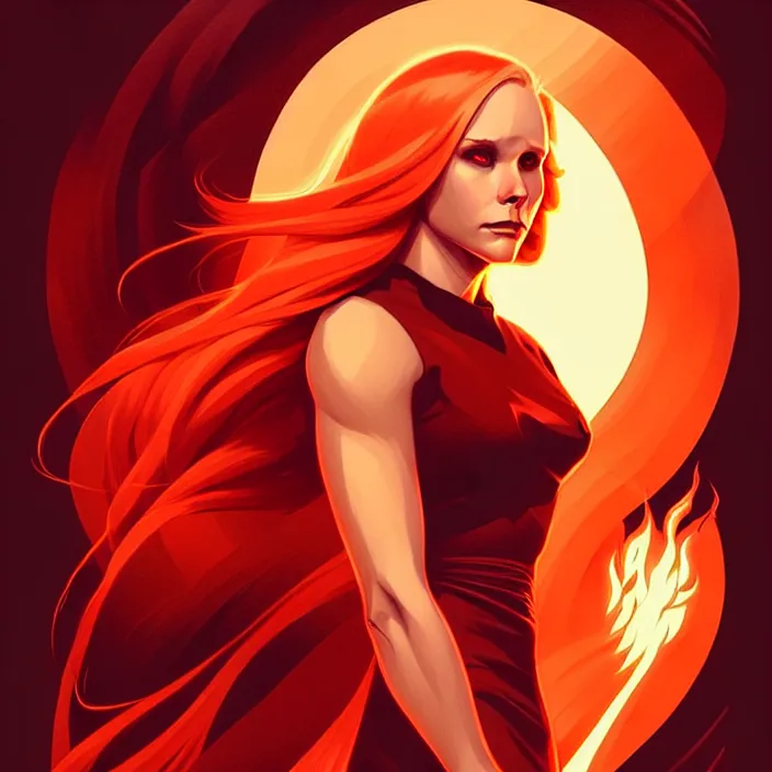 Image similar to style artgerm, joshua middleton, beautiful kristen bell with dark red dress, very long orange hair, symmetrical face, symmetrical eyes, fire powers fire swirling, detailed, volcano setting, cinematic lighting