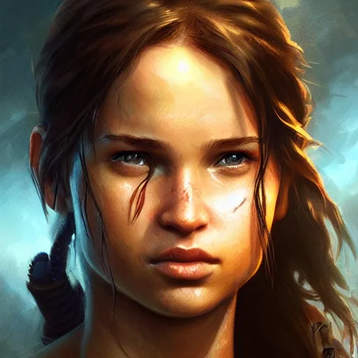 Image similar to realistic young Lara Croft portrait, atmospheric lighting, painted, intricate, volumetric lighting, beautiful, rich deep colors masterpiece, golden hour, sharp focus, ultra detailed, by Leesha Hannigan, Ross Tran, Thierry Doizon, Kai Carpenter, Ignacio Fernández Ríos