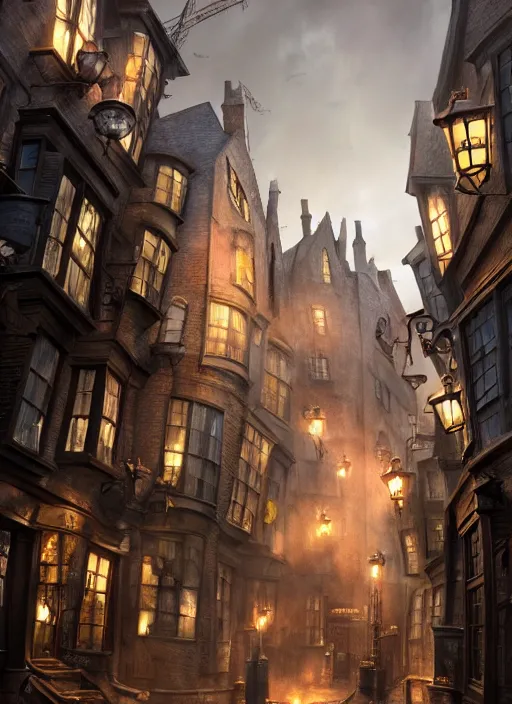 Prompt: diagonalley from the harry potter movie, dramatic lighting, cinematic, establishing shot, extremly high detail, foto realistic, pirates of the carribean, cinematic lighting, post processed, concept art, artstation, matte painting, style by eddie mendoza, raphael lacoste, alex ross