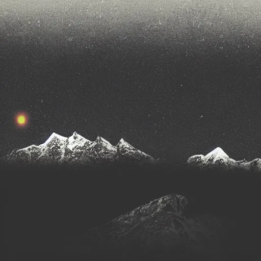 Image similar to a black dot in the sky pulling in a mountain, dark lighting, landscape