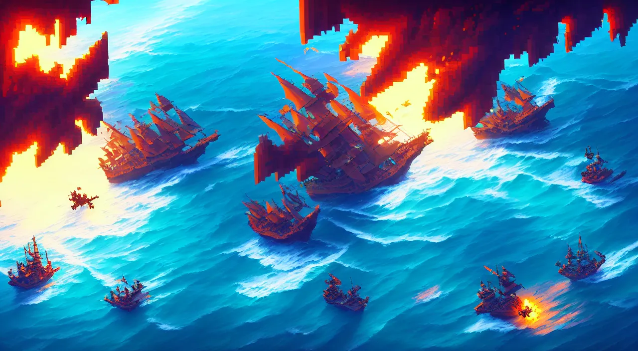 Prompt: Pixelart of a pirates battles in the ocean, volumetric lighting, digital pixel art, pixiv, official fanart behance hd by Jesper Ejsing, by RHADS, Makoto Shinkai and Lois van baarle, ilya kuvshinov, rossdraws global illumination