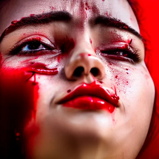Image similar to close - up of a woman looking up and crying blood, 4 k, photography, highly detailed
