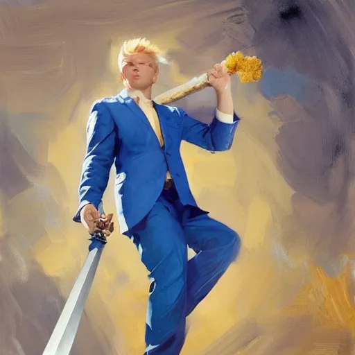 Prompt: greg manchess portrait of a blond man in a blue suit swinging overhead with a sword, organic painting, sunny day, matte painting, bold shapes, hard edges, street art, trending on artstation, by huang guangjian, gil elvgren, ruan jia, randy vargas, greg rutkowski