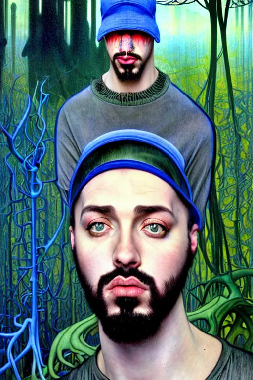 Prompt: realistic detailed face portrait painting of the Rapper SIDO with sci-fi headwear, futuristic sci-fi forest on background by Jean Delville, Amano, Yves Tanguy, Alphonse Mucha, Edward Robert Hughes, Roger Dean, rich moody colours, blue eyes