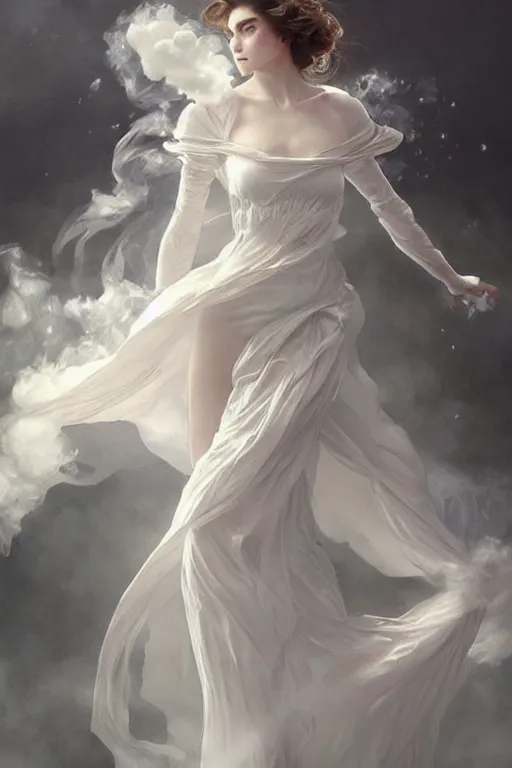 Image similar to beautiful woman dressed in a vaporous wrapped large victorian white roses silk semi-transparent dress fashion is running, D&D, fantasy, intricate, elegant, highly detailed, digital painting, trending on artstation, concept art, matte, sharp focus, illustration, art by Artgerm and Greg Rutkowski and Alphonse Mucha, instagram model