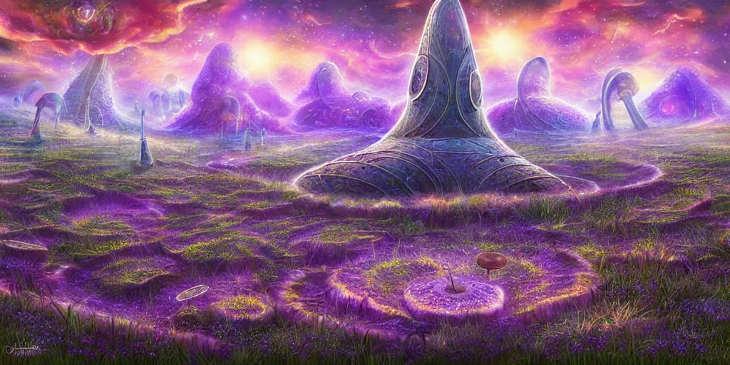 Image similar to spaceport fantasy meadow mushroom lattice, award winning art, epic dreamlike fantasy landscape, art print, science fiction, ultra realistic,