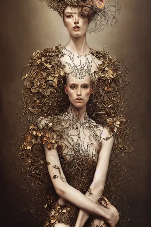 Prompt: an intricate realistic oil painting of a beautiful fashion model wearing avant garde high fashion, clothing by alexander mcqueen, clothing by iris van herpen, by tom bagshaw, by karol bak