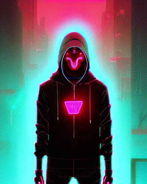 Prompt: cyberpunk synth, hyper - realistic portrait of a man in a hoodie with detailed neon mask, cyberpunk, by atey ghailan, by greg rutkowski, by greg tocchini, by james gilleard, by joe fenton, by kaethe butcher, dynamic lighting, gradient light blue, brown, cinematic lighting color scheme, sharp focus, grunge aesthetic