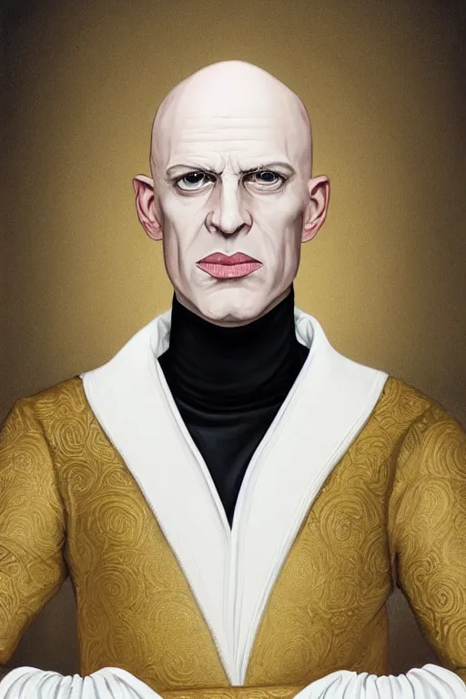 Prompt: a bald pale man in his late ninetees. stately and dour in his expression. eyeliner accentuates his sunken eyes. a high black turtleneck covers his thin neck. opulent white golden red robe. white leather gloves with gold decoration, sharp focus, illustration, digital painting, art by magali villeneuve