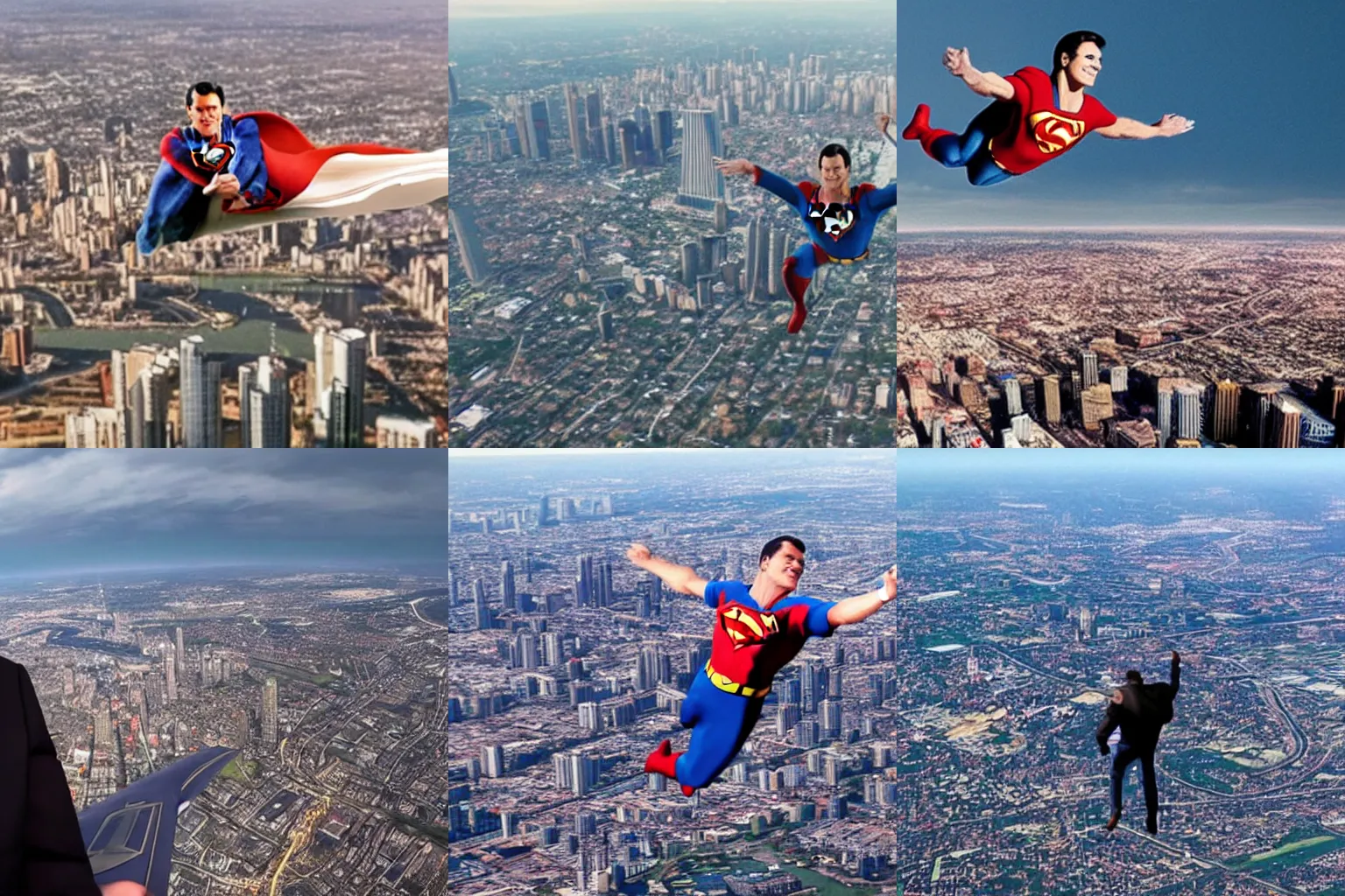 Prompt: kenneth copeland flying over a city like superman