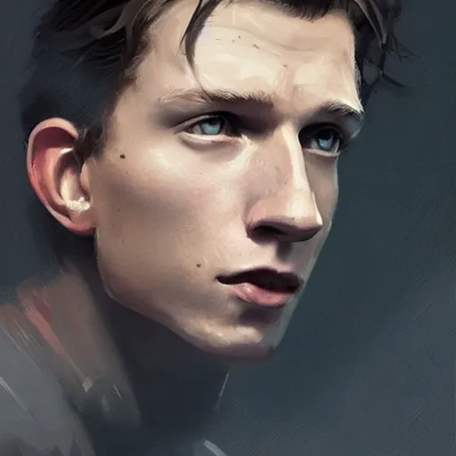 Image similar to portrait of tom holland as a man by greg rutkowski, he is about 3 0 years old, short blond hair, athletic and strong, straight jaw, looking puzzled, wearing futuristic space gear, highly detailed portrait, digital painting, artstation, concept art, smooth, sharp foccus ilustration, artstation hq.