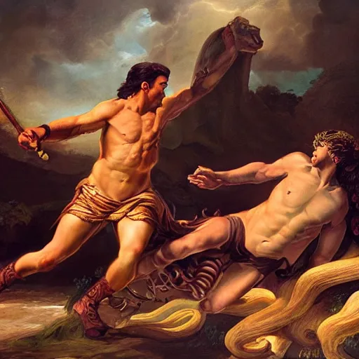 Image similar to detailed illustration of perseus vs medusa, hyper detailed, realistic, oil painting, artwork by asher brown durand, cinematic lighting