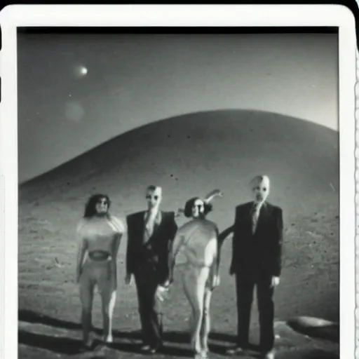 Image similar to polaroid photograph of horrorific extraterrestrial beings visiting earth, 1 9 5 0