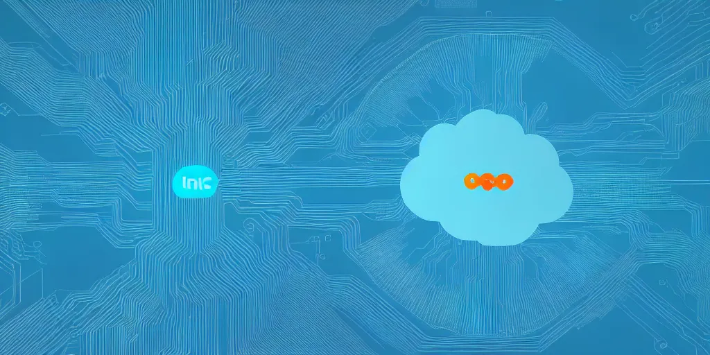 Image similar to Cloud servers, network, isometric view from above. Minimalistic design, contemporary design, infographics. Logo, Abstract Design. Blue, cyan and orange palette. Vivid, 8K, Epic, Masterpiece