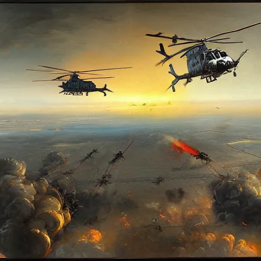 Prompt: a painting of helicopter getting shot down in the gulf war by Bernardo Bellotto, high detail, hyperrealistic, concept art, artstation, 8k