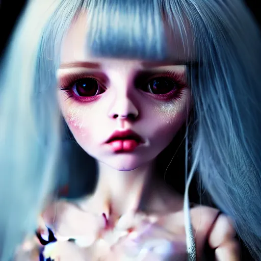 Prompt: cinematic uhd 8 k oil painting of ashley, ultra perfect, vivid dream, living nightmare, night terror, agoraphobia, shyness, anxiety, depressing, ghostly, bjd dolls, dollfie dream, cuteness, prettiness, distrustfulness, nostalgic, ephemeral, chemical imbalance, portrait of face, coherent image, three dimensions.