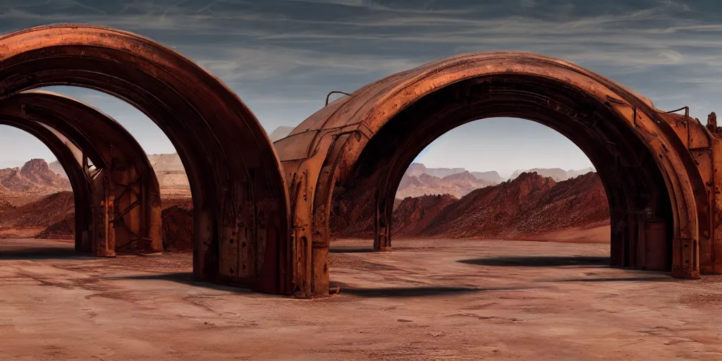 Image similar to a shiny chrome gargantuan underneath a rusted metal archway that spans the sky, desert canyons in background, matte oil painting, science fantasy, biblical, salt dunes, sacred, shrines, trees, rpg, queer, lgbt, pride, epic, extremely detailed, sharp focus, 4 k