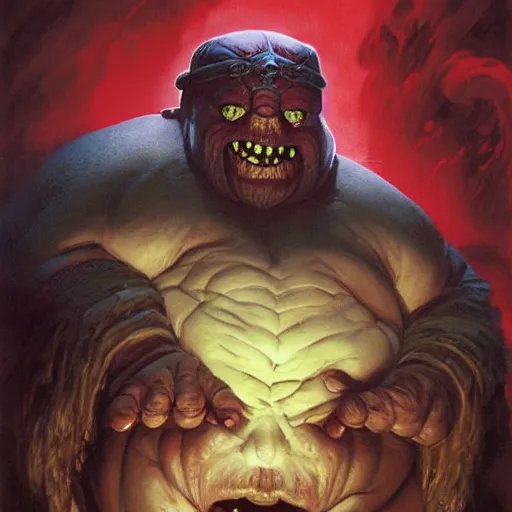 Image similar to head and shoulders portrait of a bloated blind dwarf with red glowing eyesockefs, d & d, fantasy, greg rutkowski, frank frazetta, alexandre chaudret, boris vallejo, michael whelan, miro petrov, hr giger, magali villeneuve, donato giancola