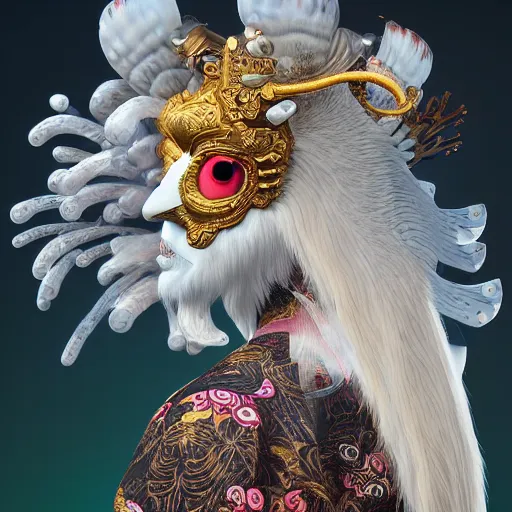 Image similar to 3 d goddess close - up profile portrait russian with ram skull. beautiful intricately detailed japanese crow kitsune mask and clasical japanese kimono. betta fish, jellyfish phoenix, bio luminescent, plasma, ice, water, wind, creature, artwork by tooth wu and wlop and beeple and greg rutkowski