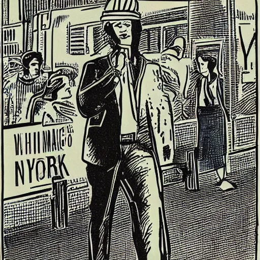 Image similar to a risograph print of a man walking into a New York City subway station