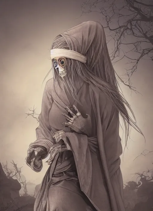 Image similar to gorgeous yokai woman in a silver robe on the rock altar at dusk muted fall colors demonic skull-face, robes veil, foggy, eerie scene moon light, trending on artstation, eleganty beauty, unreal 4, artstation, marmoset, octane, cgsociety, zbrush, engraving, etching, printmaking, exposed bones, occult, tarot, octane ,caravaggio