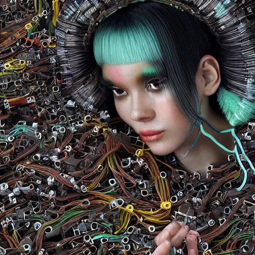 Image similar to piles of modular synth cables mixed with mangrove roots mixed with old video game consoles, kawaii puerto rican goddess chilling out wearing a headpiece made of circuit boards, by cameron gray, wlop, stanley kubrick, masamune, hideki anno, jamie hewlett, unique perspective, epic, trending on artstation, 3 d render, vivid