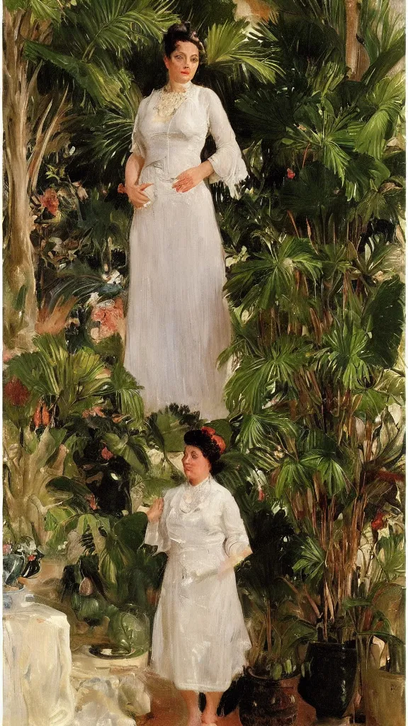 Image similar to rebekah delrio wear a lace dress in a botanical room set near a persian pot and palm treeby john singer sargent