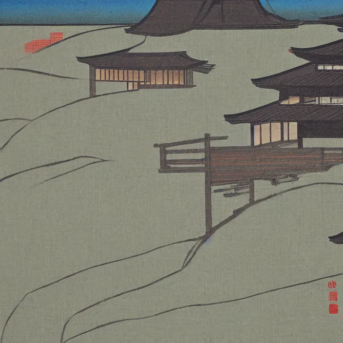 Image similar to a building in a serene landscape, traditional japanese painting