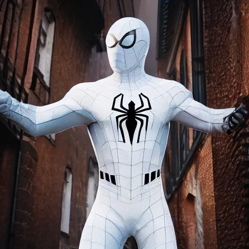 Image similar to white spider - man suit with black web lining, cinematic, volumetric lighting, realistic, hyperdetailed, photorealistic, photograph